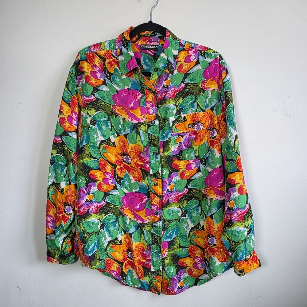 Diane Gilman Silk Floral Button Front Blouse Long Sleeve Cottagecore 80's Size L